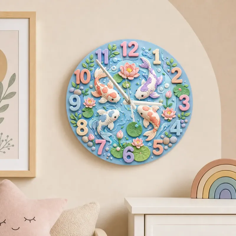 Pastel Koi Fish Pond Kids Room Wall Clock | Whimsical Lotus Flower Nursery Decor, Beautiful Baby Shower Gift Keepsake (13.6 inch / 34.5 cm)