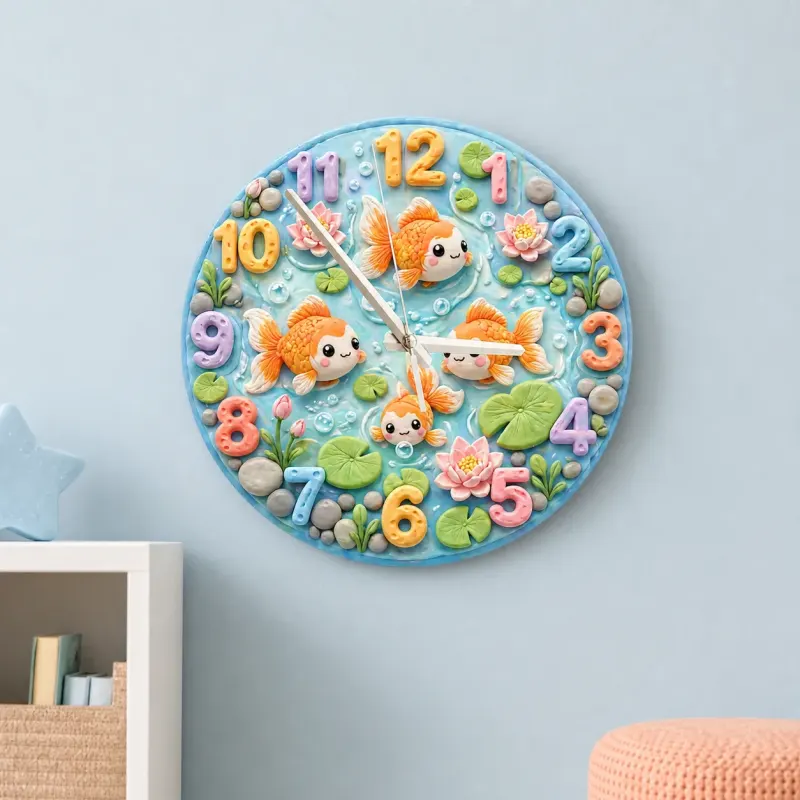 Whimsical Goldfish Pond Kids Room Wall Clock | Pastel Lotus Flower Nursery Home Decor, Sweet Newborn Baby Shower Gift (13.6 inch / 34.5 cm)