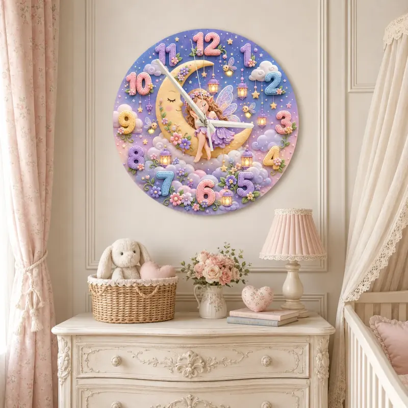 Sleeping Fairy Moon Kids Room Wall Clock | Magical Pastel Cloud Nursery Decor, Baby Girl Room Birthday Keepsake Gift (13.6 inch / 34.5 cm)