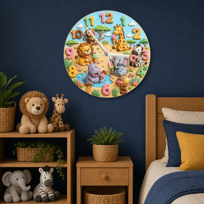 Safari Animals Ice Cream Kids Room Wall Clock | Jungle Nursery Decor, Baby Boy Girl Birthday Gift (13.6 inch / 34.5 cm)