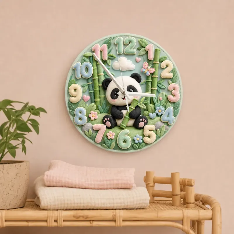 Pastel Panda Bear and Bamboo Kids Room Wall Clock | Cute Jungle Animal Nursery Wall Decor, Baby Shower Gift Keepsake (13.6 inch / 34.5 cm)