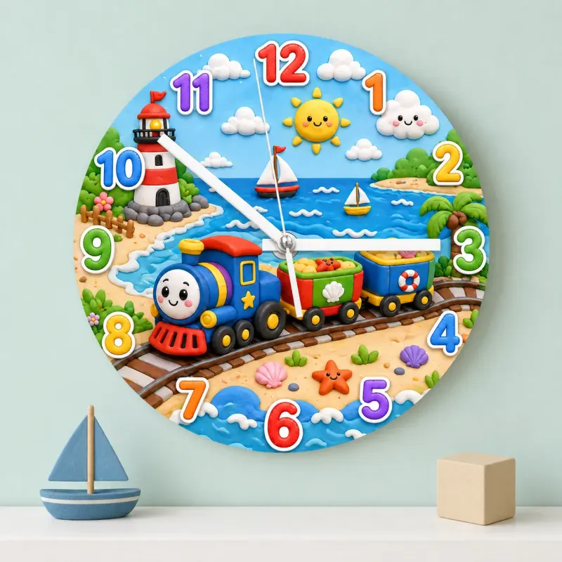 Seaside Train Adventure Kids Room Wall Clock