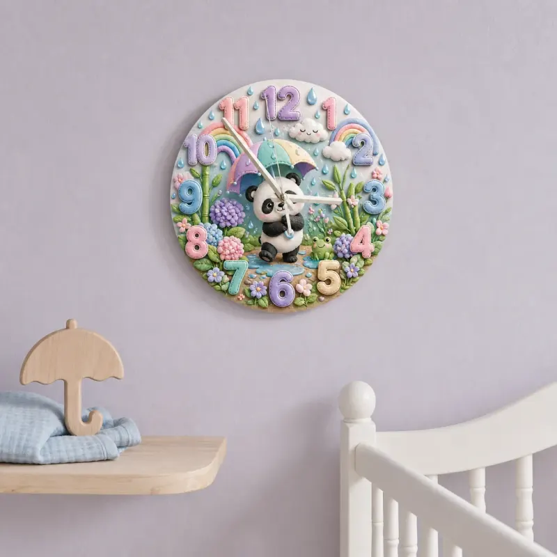 Whimsical Pastel Panda Kids Room Wall Clock | Rainbow Umbrella Nursery Decor, Cute Baby Girl Shower Gift Keepsake (13.6 inch / 34.5 cm)