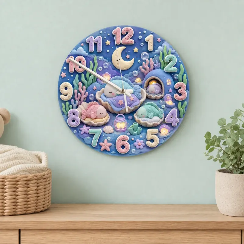 Sleeping Pastel Fish Kids Room Wall Clock | Dreamy Underwater Nursery Decor, Baby Girl Shower Gift & Room Makeover (13.6 inch / 34.5 cm)