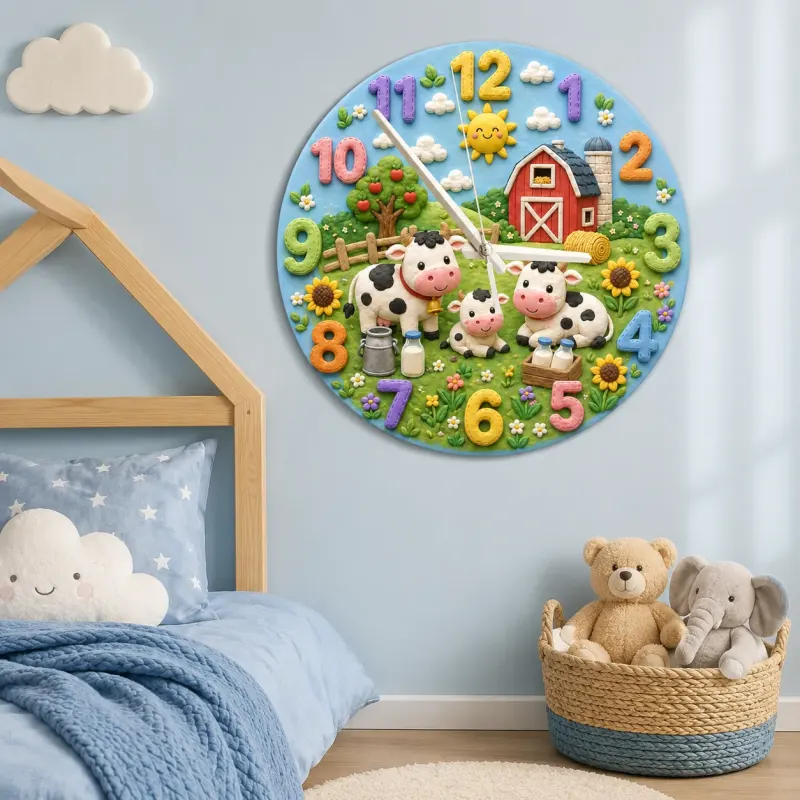Farm Animal Cow Family Kids Room Wall Clock | Rustic Red Barn Nursery Decor, Baby Shower Gift For Boys And Girls Room (13.6 inch / 34.5 cm)