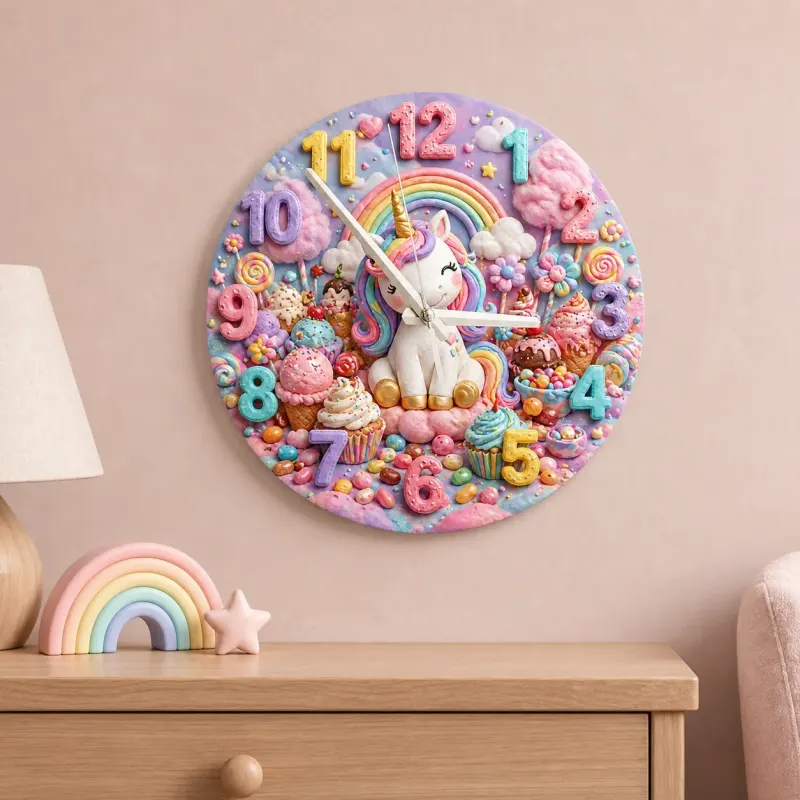 Magical Unicorn Candy Land Kids Room Wall Clock | Pastel Rainbow Nursery Art Decor, Sweet Little Girl Birthday Gift (13.6 inch / 34.5 cm)