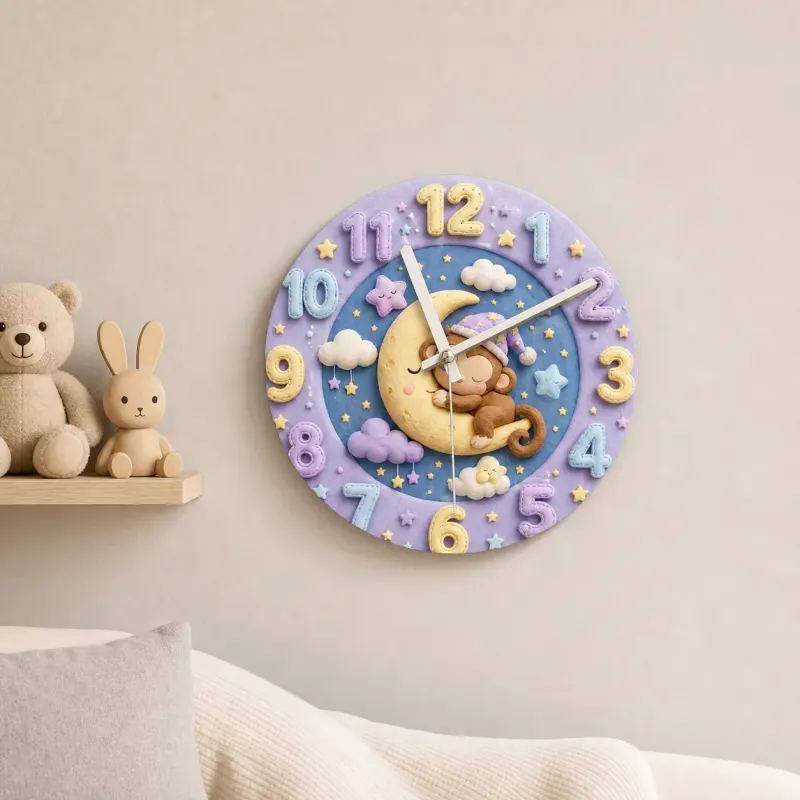 Sleeping Monkey on Moon Kids Room Wall Clock | Pastel Night Sky Nursery Decor, Cute Baby Shower Gift for Newborns (13.6 inch / 34.5 cm)