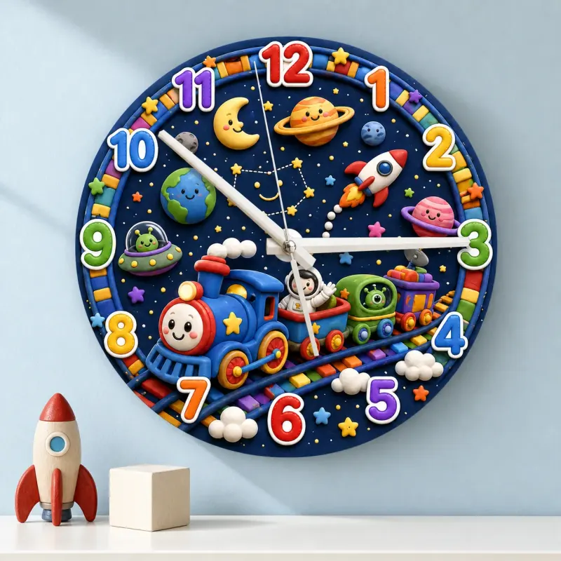 Galaxy Space Train Kids Room Wall Clock | Astronaut Nursery Decor, Little Boy Bedroom Baby Shower & Birthday Gift (13.6 inch / 34.5 cm)