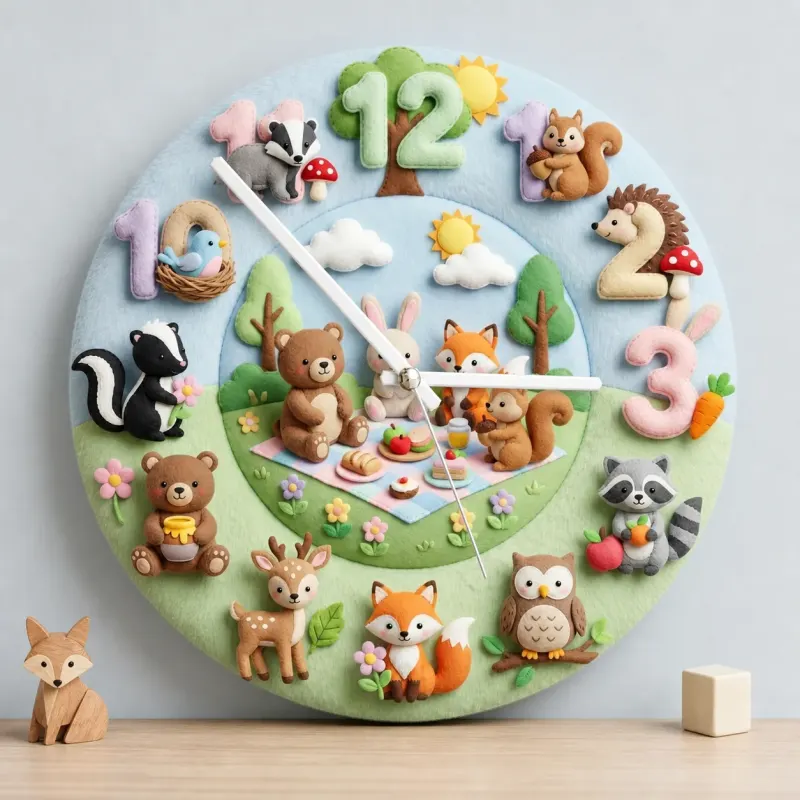 Woodland Animal Picnic Kids Room Wall Clock | Faux Felt Forest Nursery Decor, Baby Shower Gift For Baby Boys & Girls (13.6 inch / 34.5 cm)