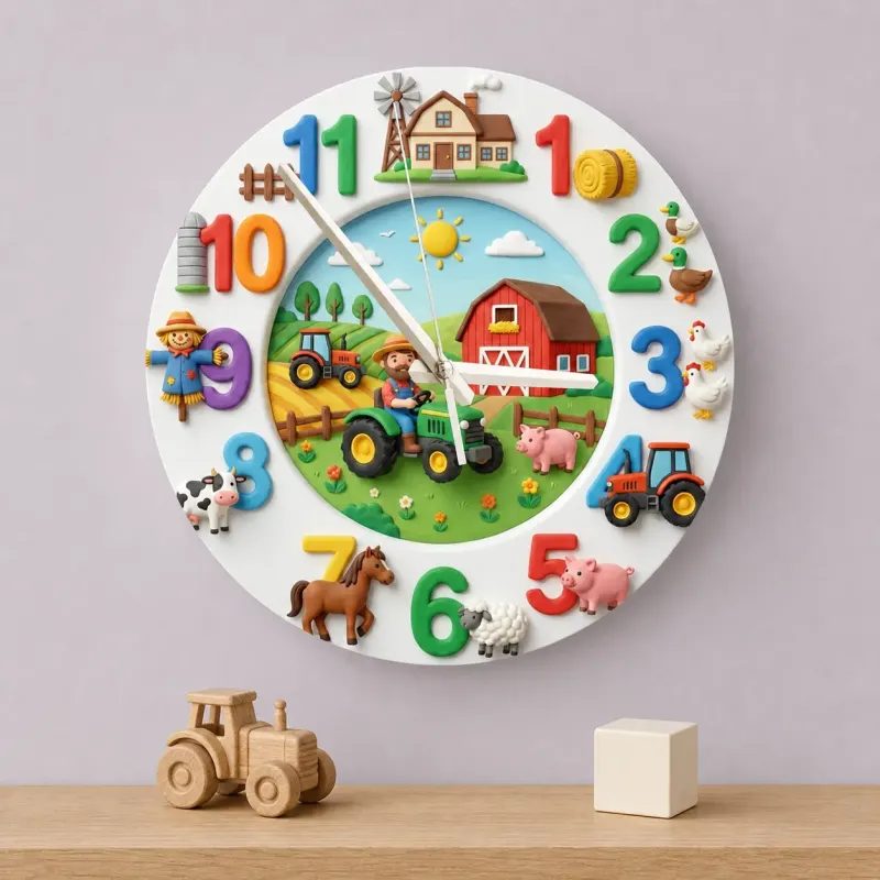 Farm Animals Tractor Kids Room Wall Clock | Barnyard Nursery Decor, Little Boy Playroom Wall Art & Birthday Keepsake (13.6 inch / 34.5 cm)