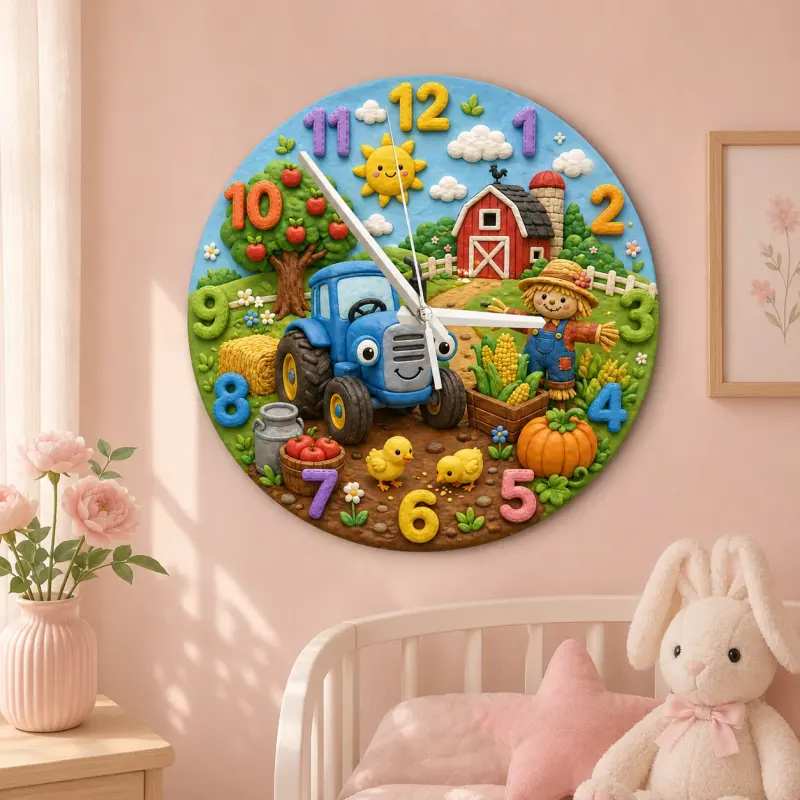 Blue Tractor Farm Kids Room Wall Clock | Barnyard Scarecrow Nursery Art Decor, Little Boy Birthday Baby Shower Gift (13.6 inch / 34.5 cm)