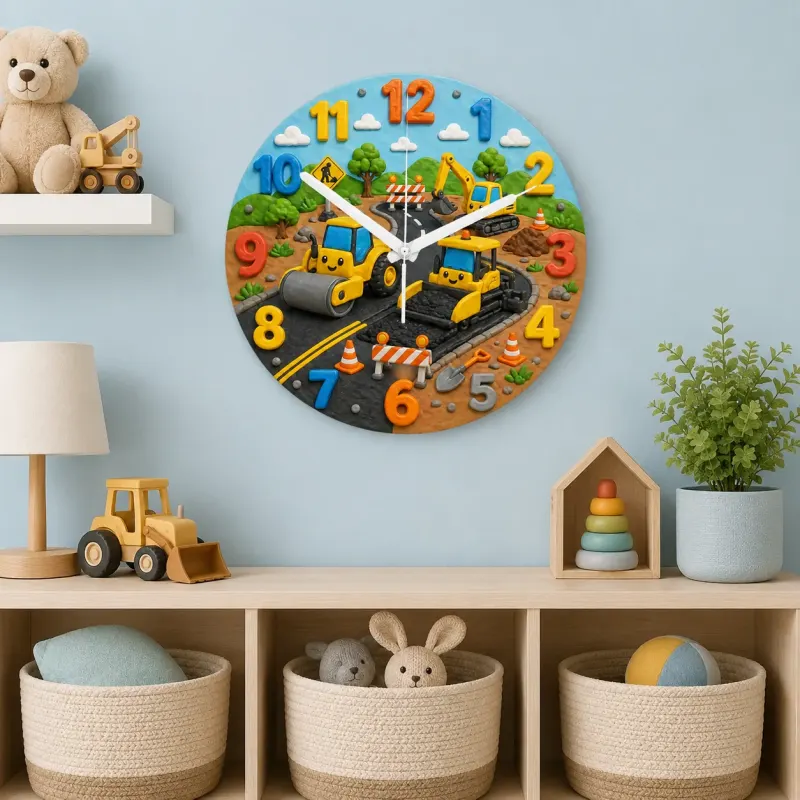 Construction Vehicles Kids Room Wall Clock | Yellow Excavator Nursery Decor, Toddler Boy Bedroom Birthday Keepsake (13.6 inch / 34.5 cm)