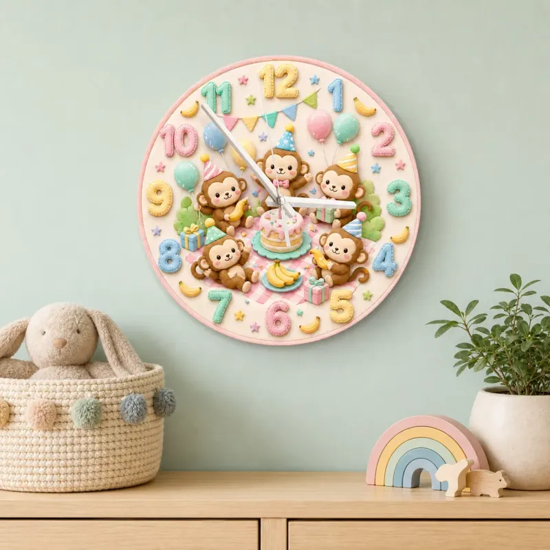 Pastel Monkey Birthday Kids Room Wall Clock | Cute Safari Animal Nursery Decor, Sweet Baby Shower Gift For Children (13.6 inch / 34.5 cm)