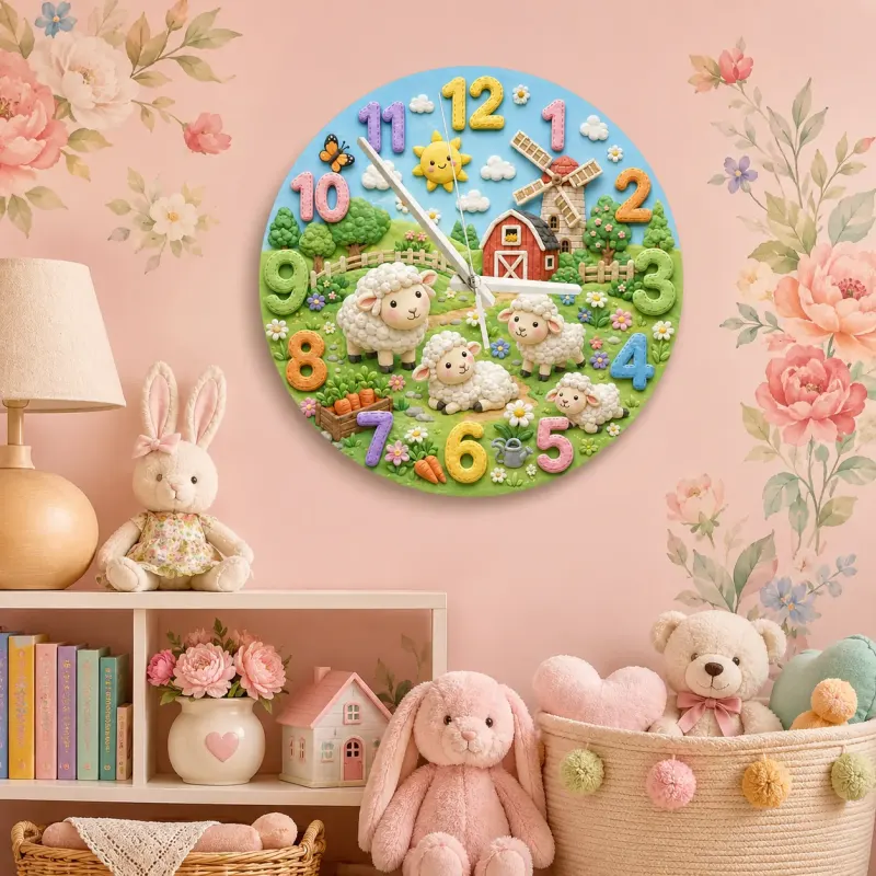 Farm Animal Sheep Kids Room Wall Clock | Whimsical Barnyard Nursery Decor, Baby Shower Gift For Boy Or Girl Room Art (13.6 inch / 34.5 cm)