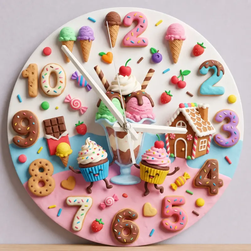 Candyland Sweet Treats Kids Room Wall Clock | Ice Cream Cupcake Nursery Decor, Little Girl Bedroom Birthday Art Gift (13.6 inch / 34.5 cm)