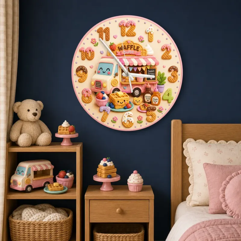 Waffle Shop Food Truck Kids Room Wall Clock | Sweet Bakery Nursery Decor, Cute Birthday Gift For Girls (13.6 inch / 34.5 cm)