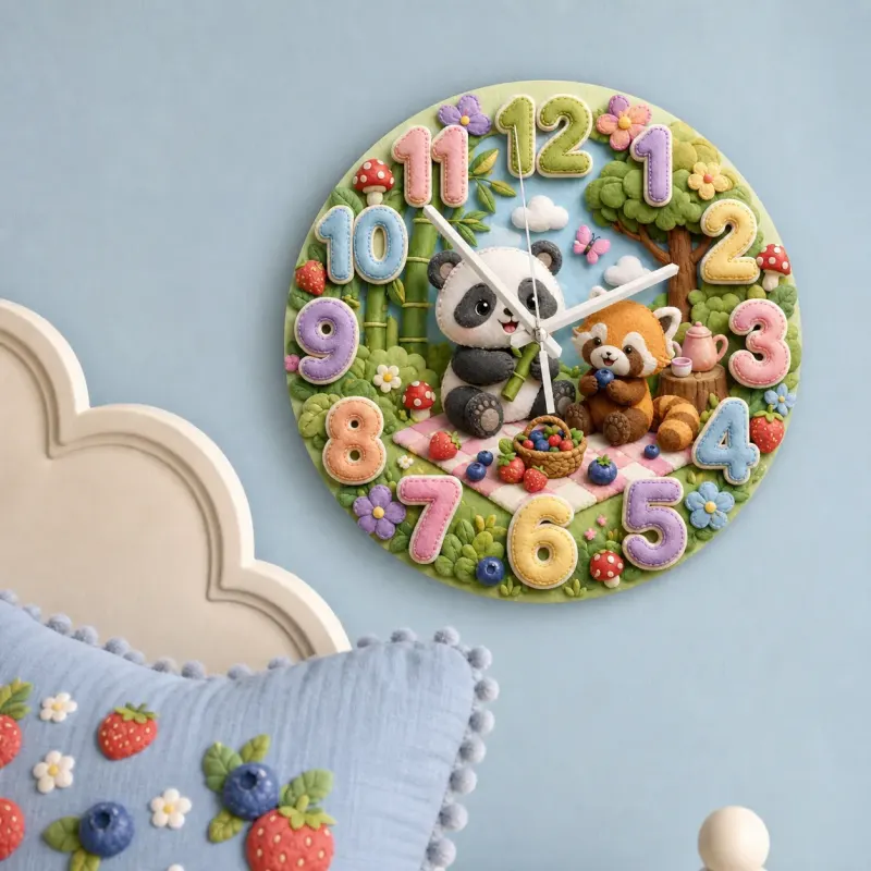 Woodland Panda & Red Panda Picnic Kids Room Wall Clock | Cute Forest Animal Nursery Decor, Baby Shower Gift Keepsake (13.6 inch / 34.5 cm)