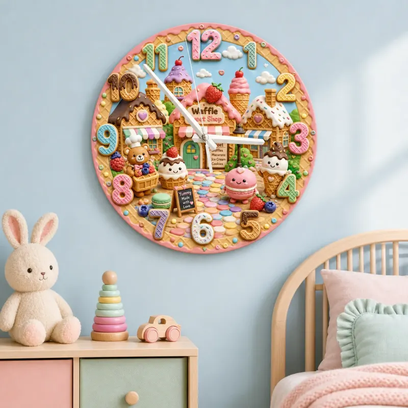 Waffle Sweet Shop Kids Room Wall Clock | Pastel Bakery Nursery Decor, Cute Little Girl Birthday Gift (13.6 inch / 34.5 cm)