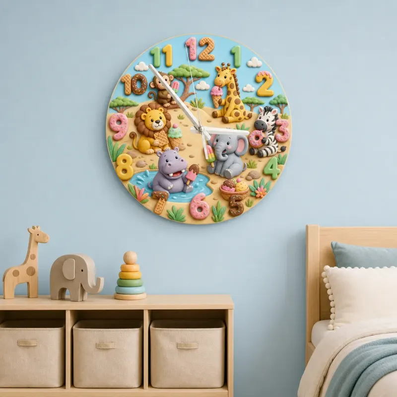 Safari Animals Ice Cream Kids Room Wall Clock | Jungle Nursery Decor, Baby Boy Girl Birthday Gift (13.6 inch / 34.5 cm)