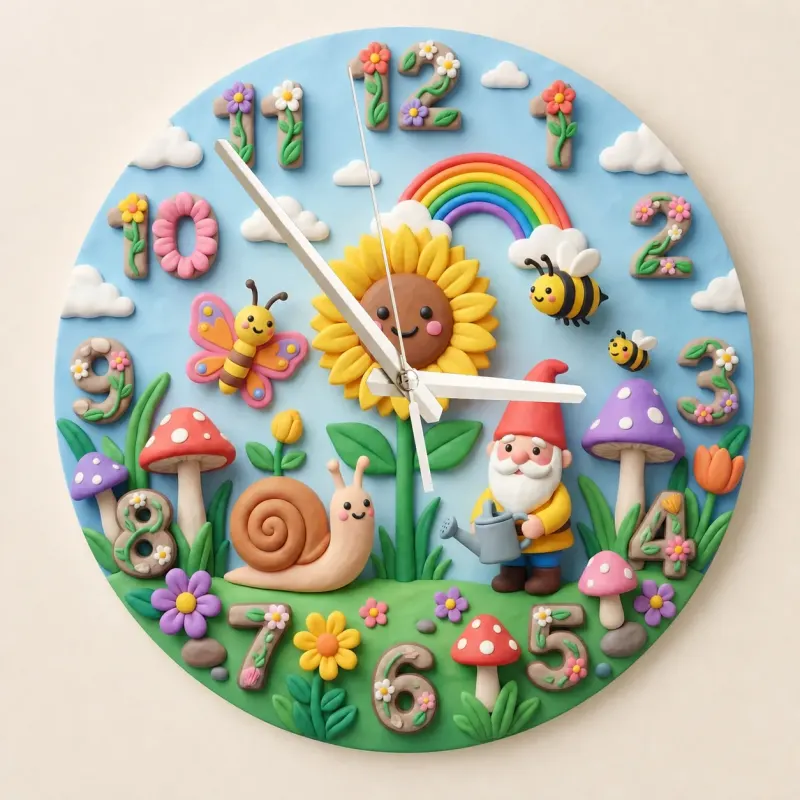 Whimsical Garden Gnome Kids Room Wall Clock | Snail And Sunflower Nursery Decor, Baby Girl Shower Keepsake Present (13.6 inch / 34.5 cm)