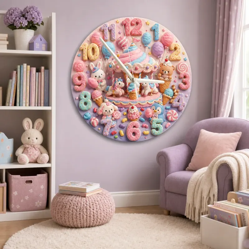 Pastel Candy Carousel Kids Room Wall Clock | Cute Animal Nursery Decor, Sweet Baby Girl Bedroom Birthday Gift Idea (13.6 inch / 34.5 cm)