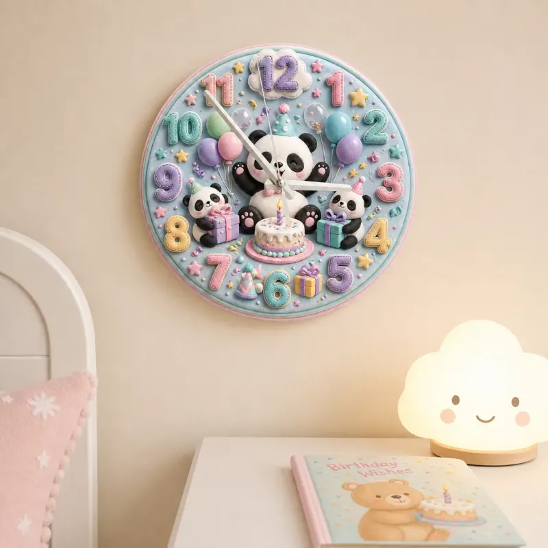 Pastel Birthday Panda Kids Room Wall Clock | Whimsical Animal Nursery Decor, Sweet Baby Shower Gift For Girls & Boys (13.6 inch / 34.5 cm)