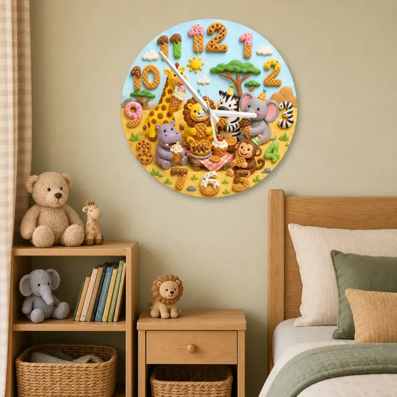 Safari Animals Waffle Kids Room Wall Clock | Jungle Nursery Decor, Baby Shower Gift For Boys Girls (13.6 inch / 34.5 cm)
