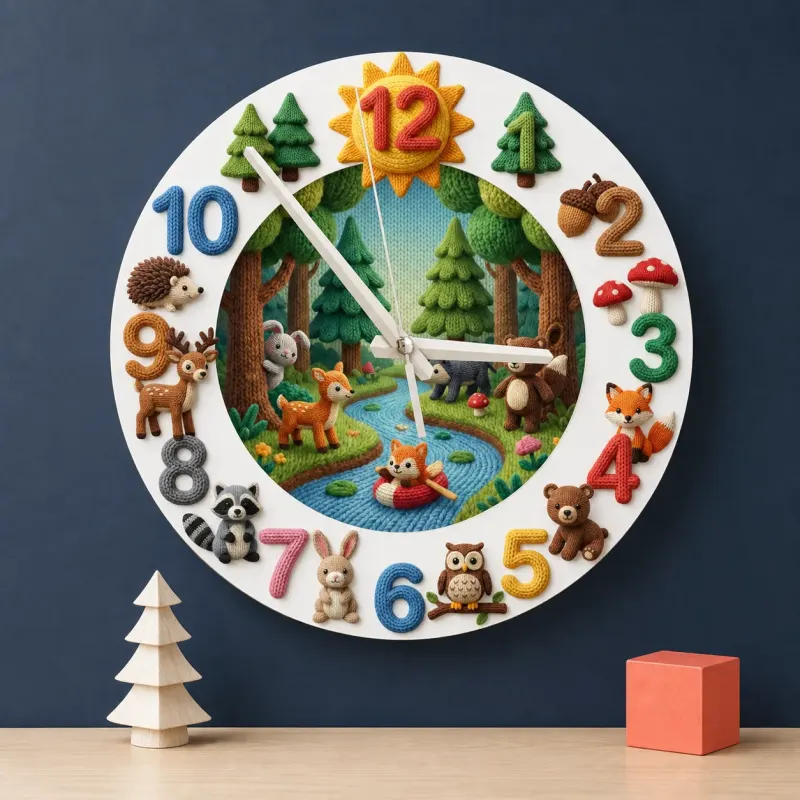 Knitted Style Woodland Forest Animals Kids Room Wall Clock | Cozy Nursery Decor, Memorable Baby Shower Gift Keepsake (13.6 inch / 34.5 cm)