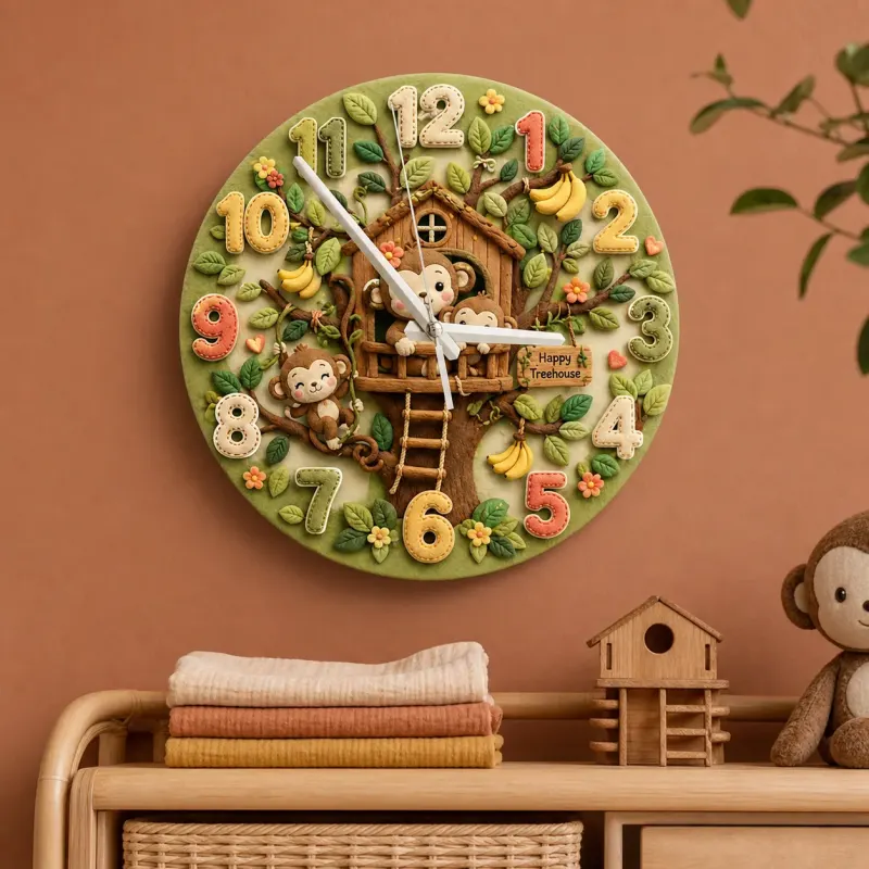 Happy Monkey Treehouse Kids Room Wall Clock | Safari Jungle Nursery Decor, Baby Boy Shower Gift & Wood Playroom Art (13.6 inch / 34.5 cm)