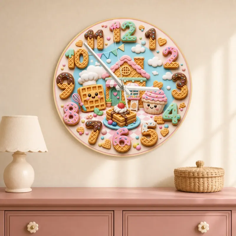 Waffle House Bakery Kids Room Wall Clock | Sweet Dessert Nursery Decor, Cute Birthday Gift For Girls (13.6 inch / 34.5 cm)