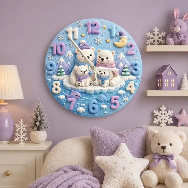 Polar Bear Family Kids Room Wall Clock | Arctic Winter Wonderland Nursery Decor, Cute Baby Shower Gift For Newborn (13.6 inch / 34.5 cm)