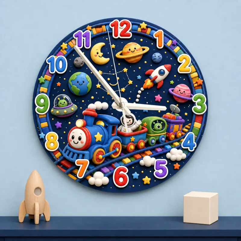 Galaxy Space Train Kids Room Wall Clock | Astronaut Nursery Decor, Little Boy Bedroom Baby Shower & Birthday Gift (13.6 inch / 34.5 cm)