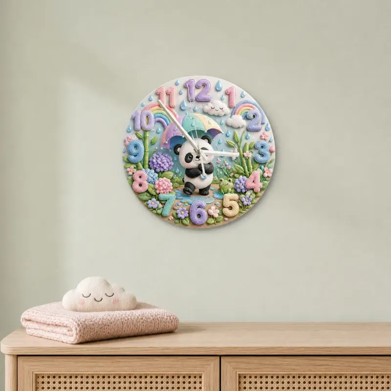 Whimsical Pastel Panda Kids Room Wall Clock | Rainbow Umbrella Nursery Decor, Cute Baby Girl Shower Gift Keepsake (13.6 inch / 34.5 cm)
