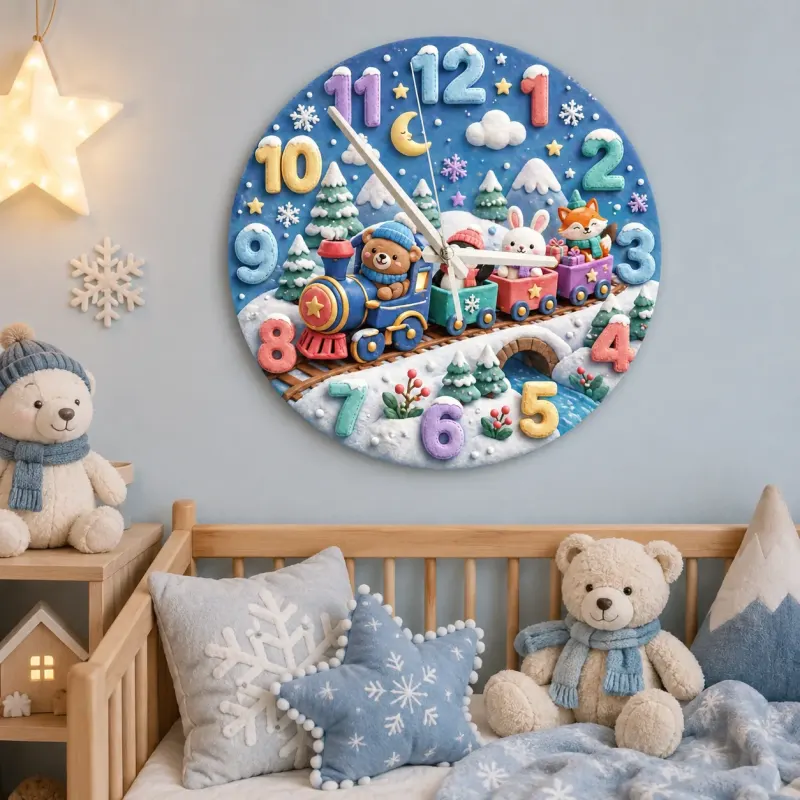 Winter Animal Train Kids Room Wall Clock | Snowy Woodland Nursery Decor, Beautiful Baby Shower Gift For Boy Or Girl (13.6 inch / 34.5 cm)