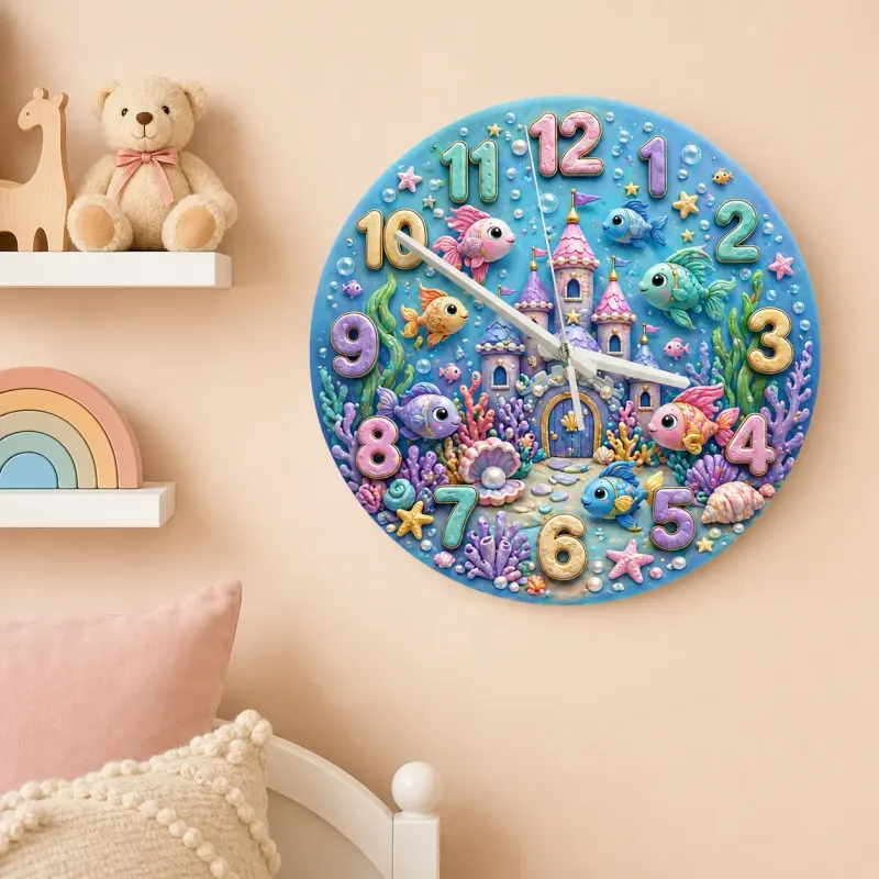 Magical Underwater Castle Kids Room Wall Clock | Pastel Ocean Fish Nursery Decor, Little Girl Bedroom Birthday Gift (13.6 inch / 34.5 cm)