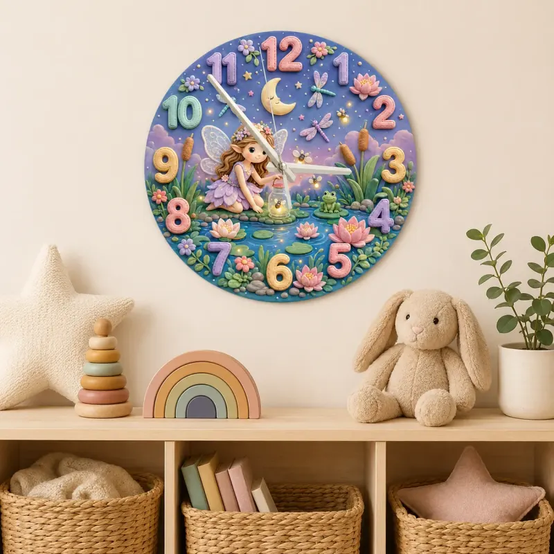 Magical Fairy Pond Kids Room Wall Clock | Enchanted Forest Nursery Decor, Whimsical Baby Girl Room Birthday Keepsake (13.6 inch / 34.5 cm)