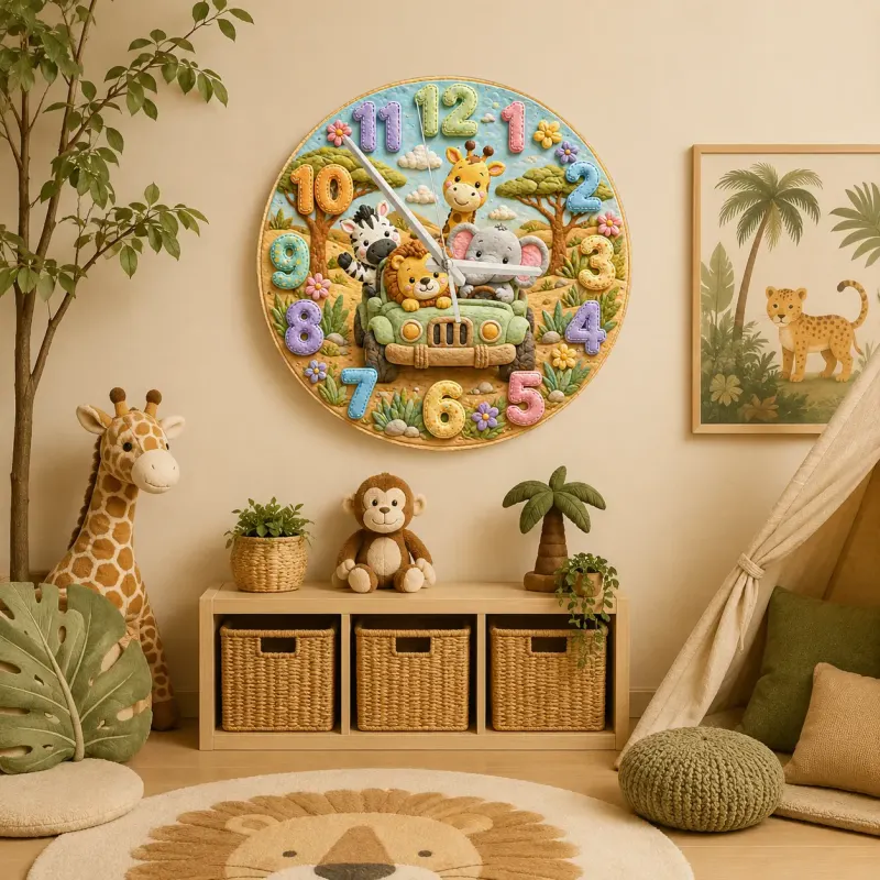 Safari Animal Jeep Kids Room Wall Clock | Jungle Nursery Decor, Safari Playroom Art, Baby Boy Shower Gift Keepsake (13.6 inch / 34.5 cm)