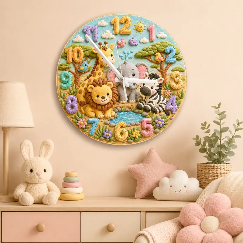 Safari Jungle Animals Kids Room Wall Clock | Cute Lion Elephant Nursery Decor, Unique Baby Shower Gifts for Newborns (13.6 inch / 34.5 cm)