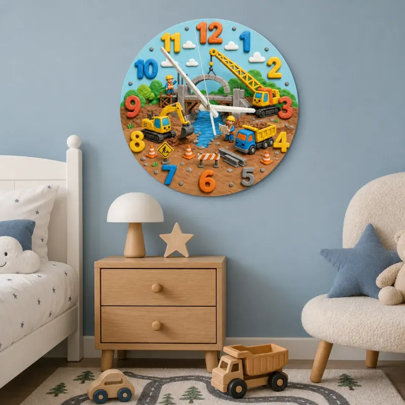 Construction Trucks Kids Room Wall Clock | Excavator Nursery Decor, Little Builder Boy Bedroom Playroom Art Keepsake (13.6 inch / 34.5 cm)