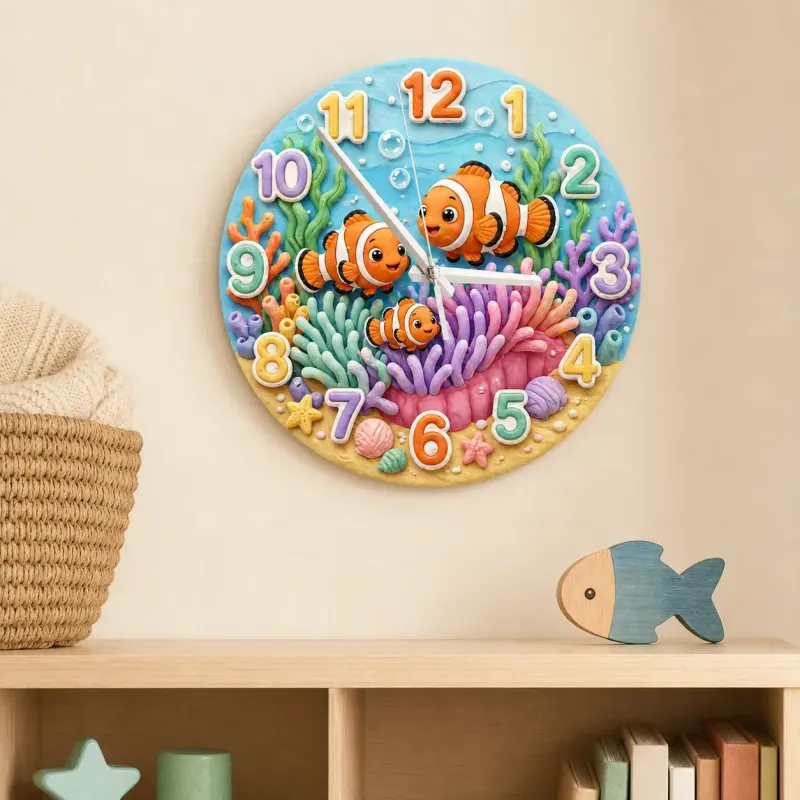 Clownfish Coral Reef Kids Room Wall Clock | Vibrant Underwater Ocean Nursery Decor, Baby Shower Gift For Boy Or Girl (13.6 inch / 34.5 cm)