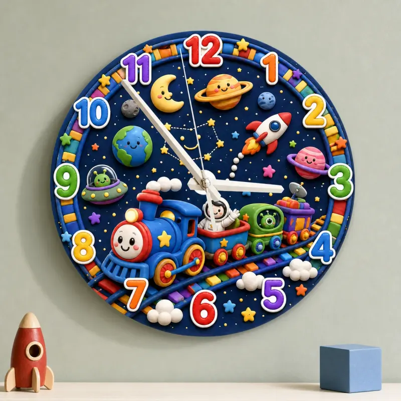 Galaxy Space Train Kids Room Wall Clock | Astronaut Nursery Decor, Little Boy Bedroom Baby Shower & Birthday Gift (13.6 inch / 34.5 cm)