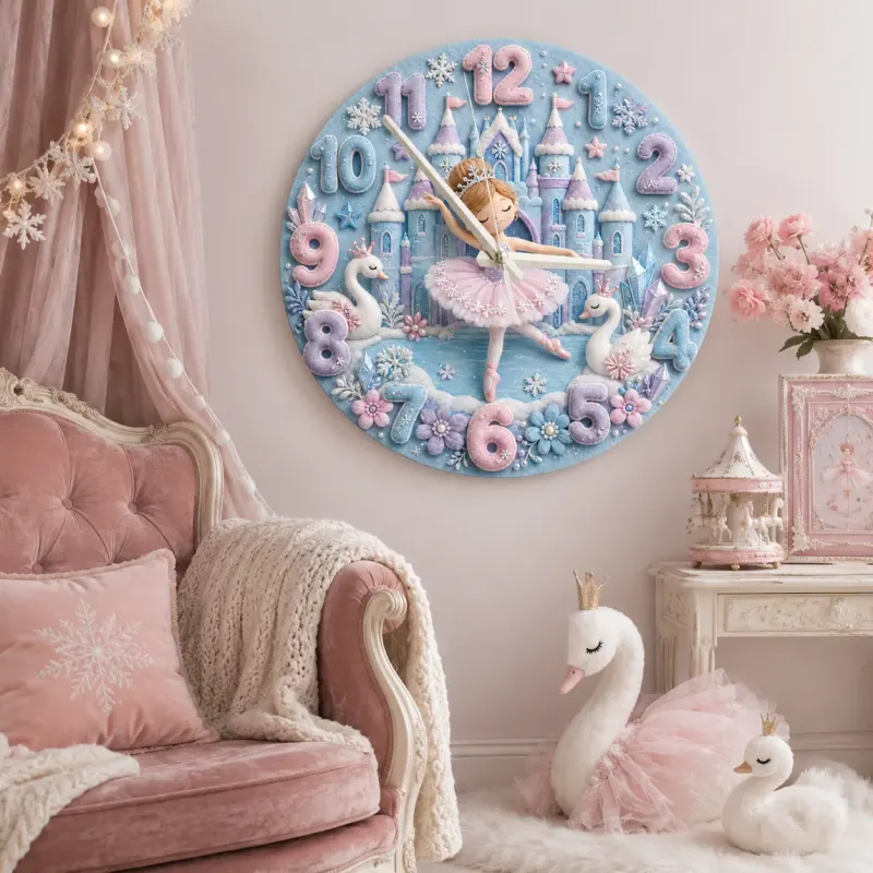 Winter Princess Ballerina Kids Room Wall Clock | Fairy Tale Castle Nursery Decor, Swan Theme Gift For Little Girls (13.6 inch / 34.5 cm)