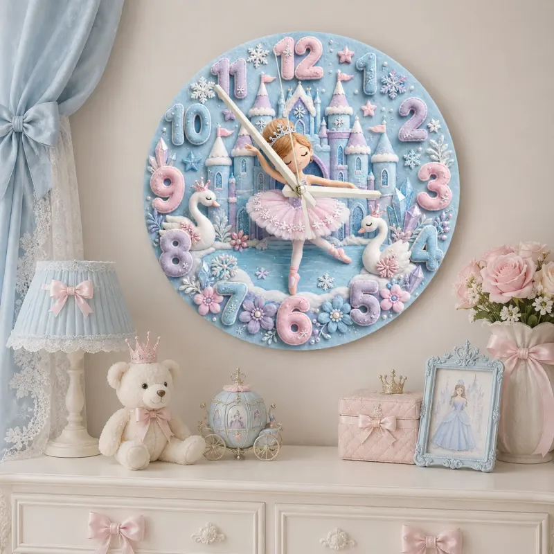Winter Princess Ballerina Kids Room Wall Clock | Fairy Tale Castle Nursery Decor, Swan Theme Gift For Little Girls (13.6 inch / 34.5 cm)