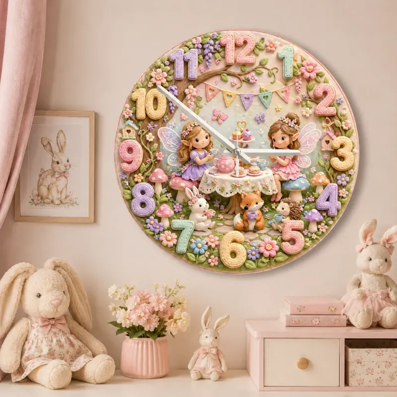 Fairy Tea Party Kids Room Wall Clock | Magical Woodland Nursery Decor, Whimsical Little Girl Bedroom Birthday Gift (13.6 inch / 34.5 cm)