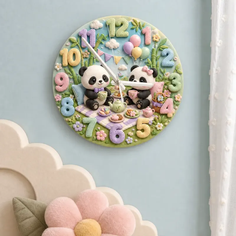 Whimsical Panda Tea Party Kids Room Wall Clock | Pastel Bamboo Nursery Decor, Baby Shower Birthday Keepsake Present (13.6 inch / 34.5 cm)