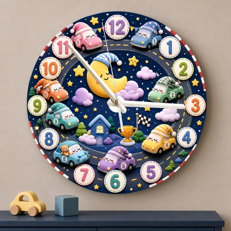 Sleepy Cars Night Sky Kids Room Wall Clock