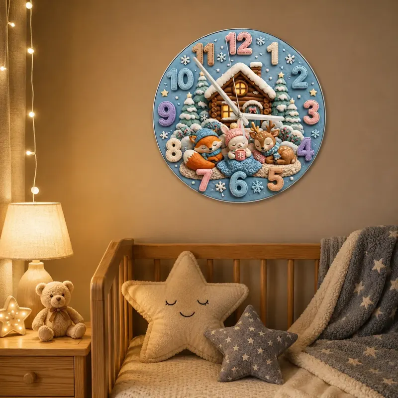 Cozy Winter Woodland Animals Kids Room Wall Clock | Snowy Cabin Nursery Decor, Baby Shower Gift For Girls And Boys (13.6 inch / 34.5 cm)