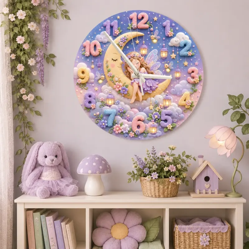 Sleeping Fairy Moon Kids Room Wall Clock | Magical Pastel Cloud Nursery Decor, Baby Girl Room Birthday Keepsake Gift (13.6 inch / 34.5 cm)