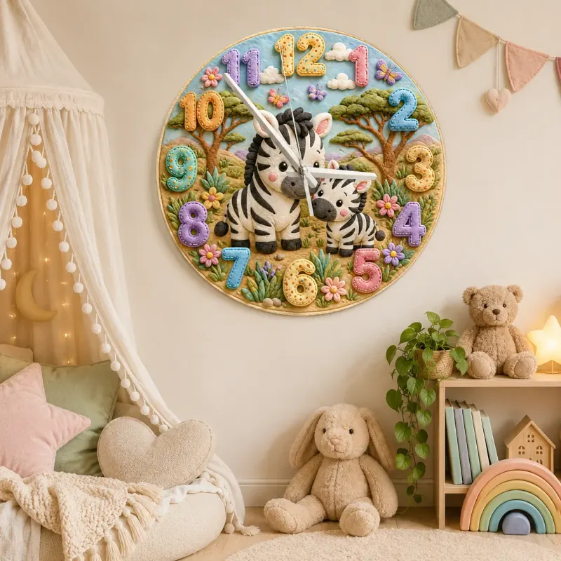 Sweet Mother & Baby Zebra Kids Room Wall Clock | Safari Animal Nursery Decor, Beautiful New Baby Shower Gift Keepsake (13.6 inch / 34.5 cm)