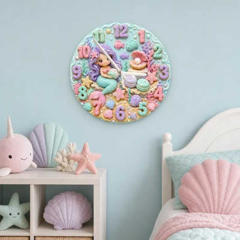 Mermaid Seashell Kids Room Wall Clock | Pastel Ocean Nursery Decor, Magical Baby Girl Birthday Gift (13.6 inch / 34.5 cm)
